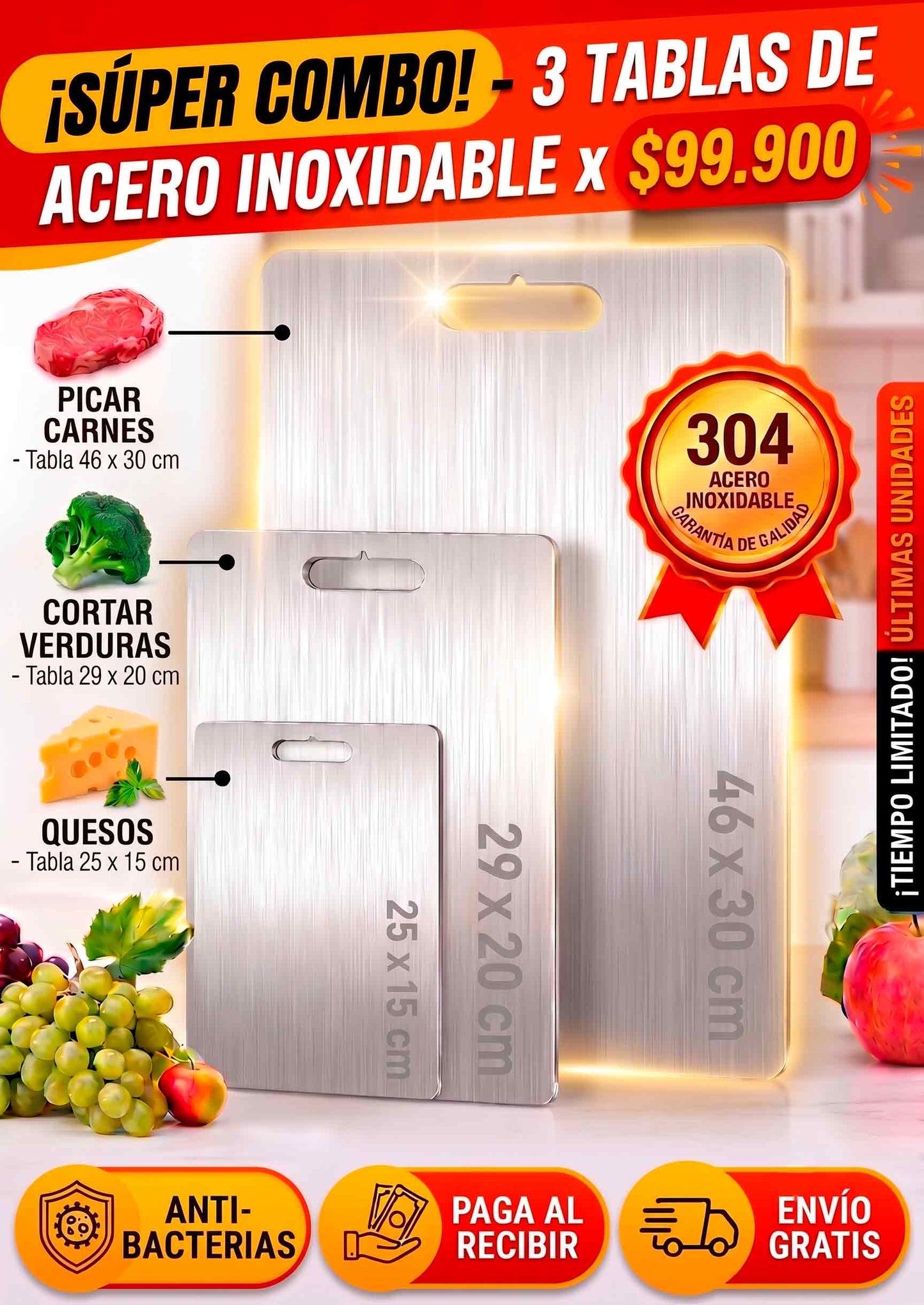TABLAS DE COCINA ACERO INOXIDABLE X3 + ENVÍO GRATIS