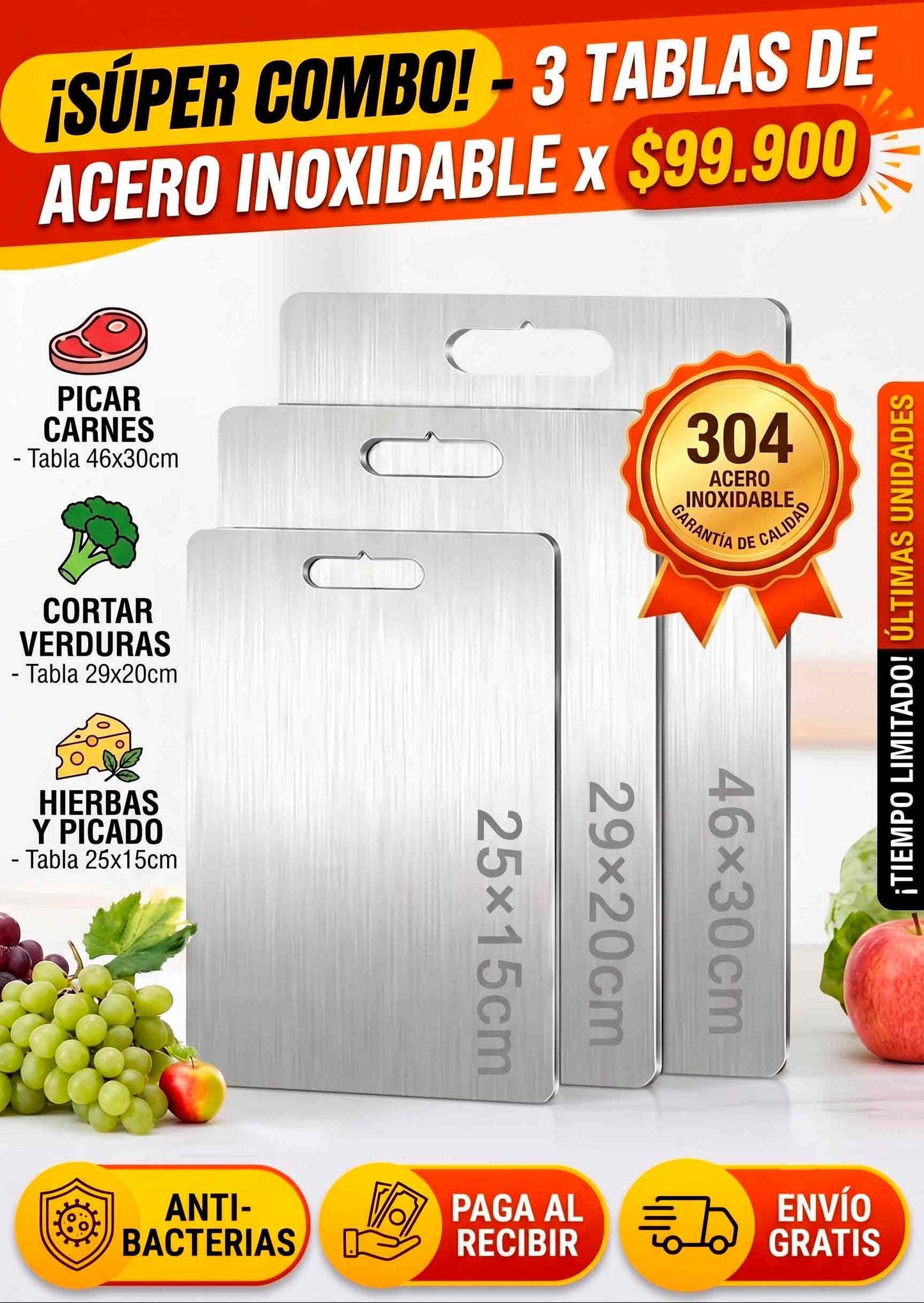TABLAS DE COCINA ACERO INOXIDABLE X3 + ENVÍO GRATIS