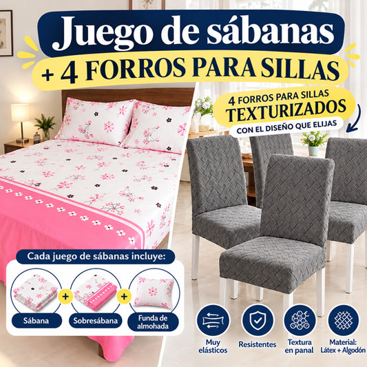 3 Juegos de sábas completos + 4 forros para sillas texturizados GRATIS